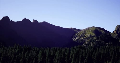 Mountain Range Against Clear Sky with Dense Forest Below in the Afternoon