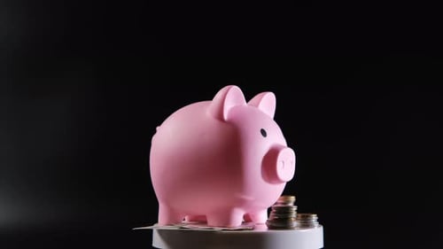 Placing Cash Into a Piggy Bank By Dark Background