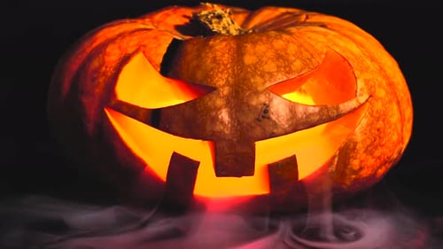 Halloween pumpkin in smoke. Halloween pumpkin smile and scary eyes for party. Close up view of a sca
