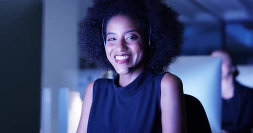 Call center, night and woman speaking on computer for customer service, telemarketing