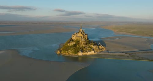 Aerial View Castle in the Water Mont Saint Michel Located in the Bay Where Normandy and Brittany