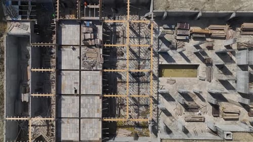 Aerial View Construction Site Progress Machinery and Workers Working Hard Together