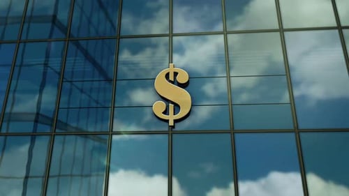 Dollar symbol money and bank glass building concept