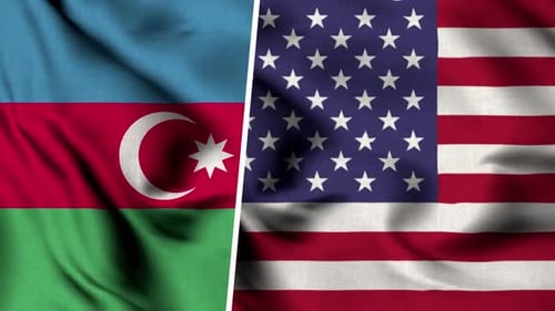 Azerbaijan and United States Flags Waving Side by Side
