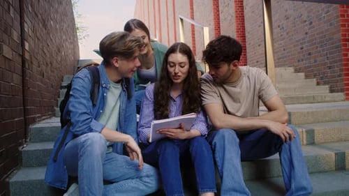 Group of caucasian students studying outside the university campus. Shot with RED helium camera in 8
