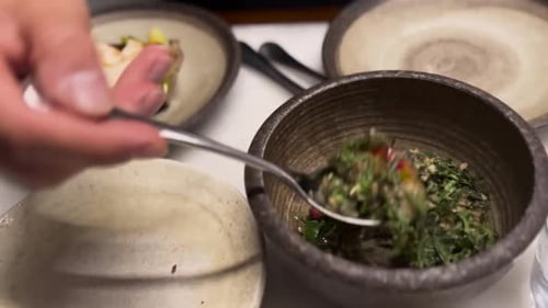 Hand Garnishing Elegant Meal with Fresh Herbs