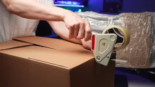 Person Taping Cardboard Box with Tape Dispenser