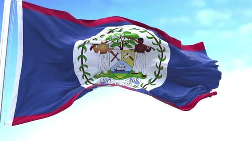 Belize National Flag Waving Loop with Blue Sky