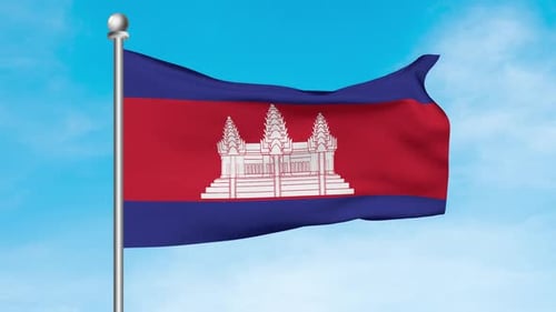 Cambodian Flag Waving in the Wind against a Blue Sky