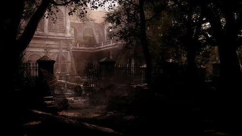 Abandoned Mansion Surrounded By Trees and Overgrown Garden at Dusk