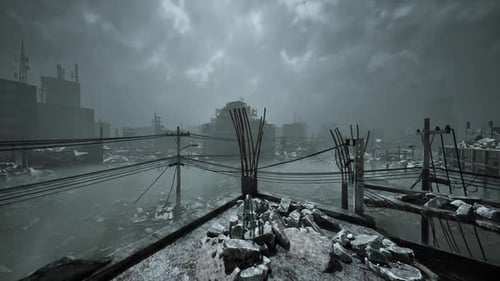 Urban Landscape After a Storm Showing Damaged Structures and Debris