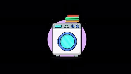 Animated Washing Machine with Rotating Drum in Flat Design