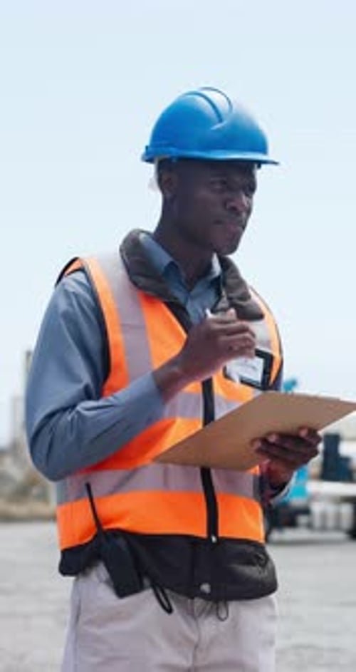 Construction, clipboard or black man thinking for site inspection, safety protocol