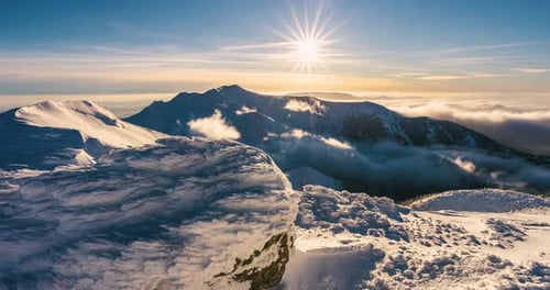 Magic Sunrise Over Winter Alps Mountains in Cold Frozen Nature Landscape
