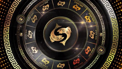 Golden Pisces Zodiac Wheel Rotating Loop Animation