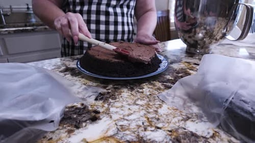 Woman Frosting a Delicious Chocolate Cake in Kitchen