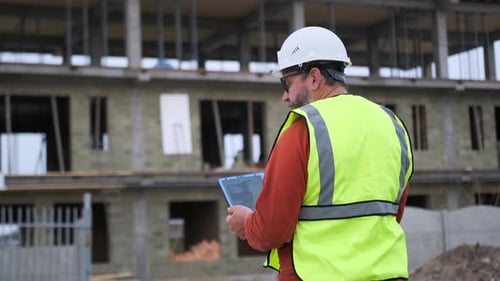 Engineer Inspects Building Construction with Tablet