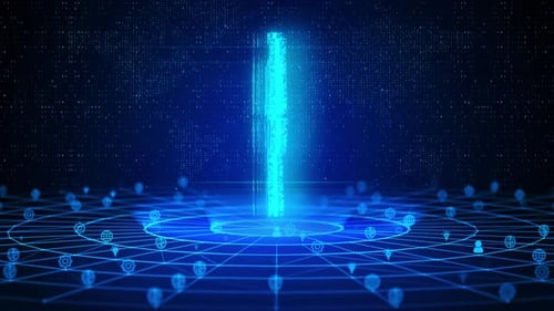 Digital Justice Scales Neon Blue Network Background