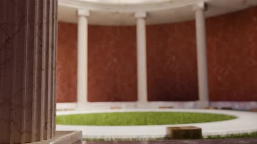 Interior of Circular Building with Columns and Grass Lawn 3d Animation