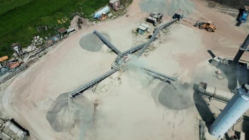 Aerial view of a cement plant at a quarry for the construction industry.
