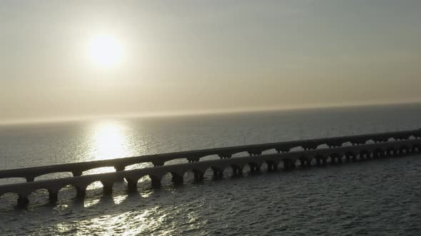 Aerial view of iconic bridge over the ocean in Puerto Progreso, Yucatan ...