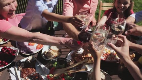Family and Friends Clinking Glasses in Outdoor Garden