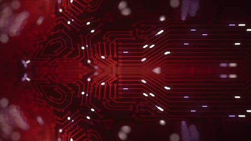 Animated Red Circuit Board Background with Glowing Digital Data Flow