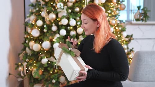 Woman Looks at Wrapped Christmas Gift by Tree