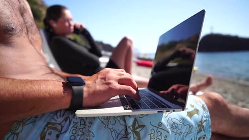 Man Laptop Sea Working Remotely on Seashore Happy Successful Man Male Freelancer Working on Laptop