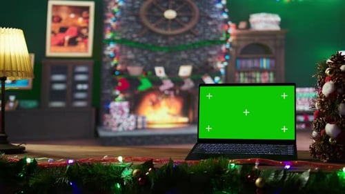 Colorful Decorated Empty Workshop with Isolated Mockup Screen on a Laptop