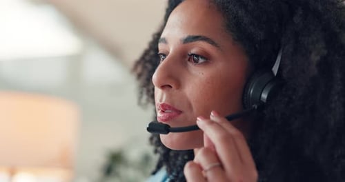 Headset, woman and receptionist in office with talking for crm, update or customer experience