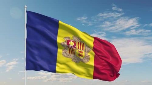 Realistic Andorra National Flag Waving in Slow Motion against Blue Sky