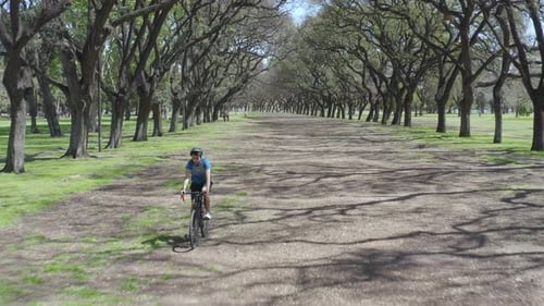 Luftaufnahme eines Radfahrers, der im Park Fahrrad fährt