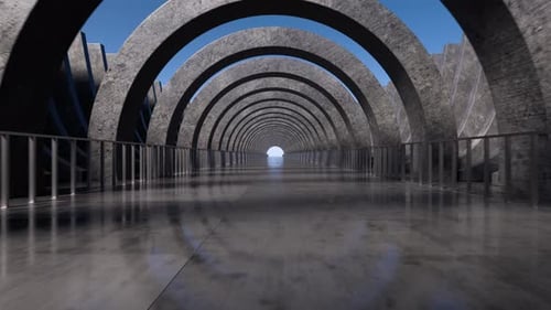Seamless camera movement along a concrete corridor on a clear day. Concrete decorative elements. Con