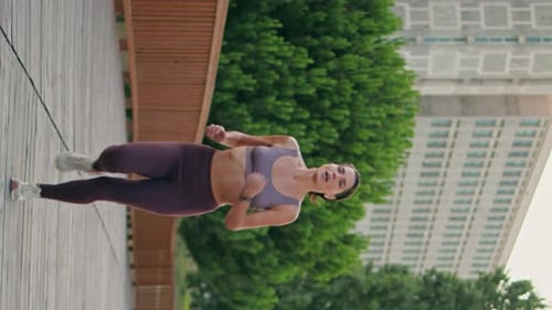 Active Jogger Running Urban Park Vertical Satisfied Athletic Woman Doing Cardio