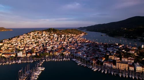 Aerial View Of a small Greek town with boats parked