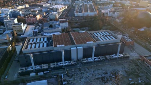 data center, hyperscaler computer cloud services. Gorgeous aerial view flight drone
