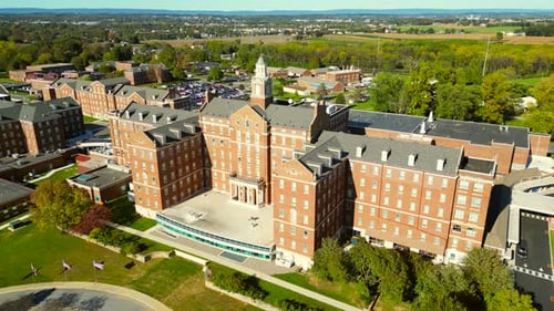 Aerial drone view of Veterans Affairs hospital.