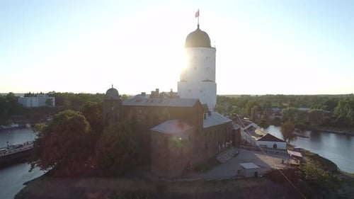 Aerial View of a Medieval Swedish Castle Fortress in Vyborg Old Town Panoramic Cityscape Castle