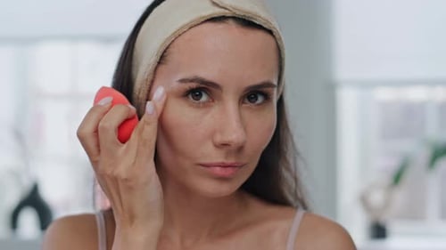 Woman Applying Makeup with Sponge in Bright Room