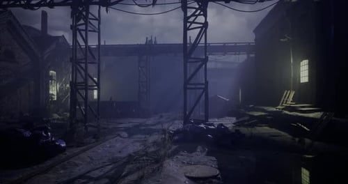 Shadows Dance in an Abandoned Industrial Alley Under a Moonlit Sky