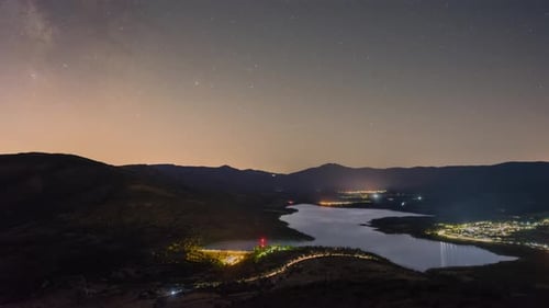 Timelapse of the Milky Way and Car Trails over Pinilla Reservoir, Madrid