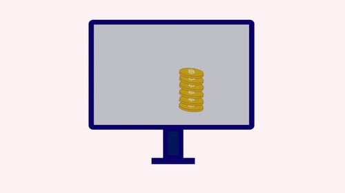 Computerbildschirm mit goldenen Münzstapeln und globalen Währungssymbolen, perfekt zur Darstellung des Sparens