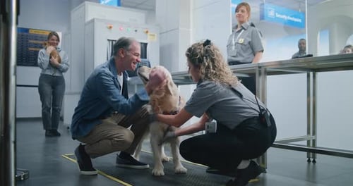 Mature Man with Pet During Screening Procedure in Airport Terminal Female TSA Officer Examining Dog