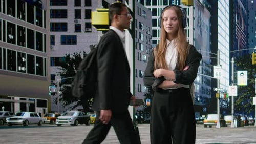 Young Woman with Headphones Standing on City Street