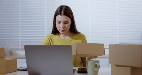 Woman Works with Laptop and Boxes at Desk