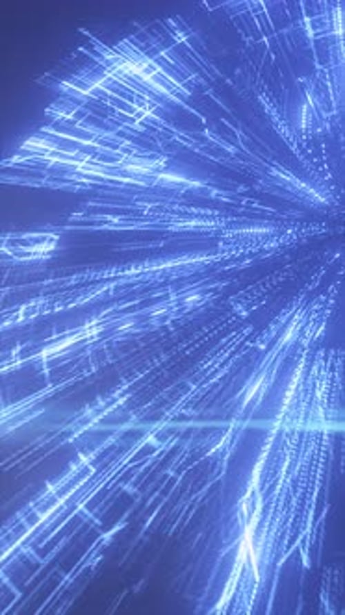 Abstract high-speed burst of glowing blue digital lines creating a tunnel effect