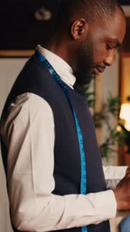 Stylish Tailor Taking Measurements in Fashion Studio