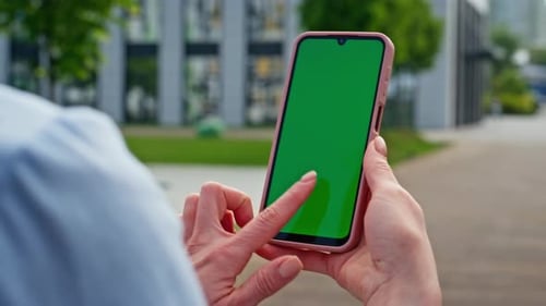 Businesswoman Hands Touching Greenscreen Smartphone Standing Street Closeup