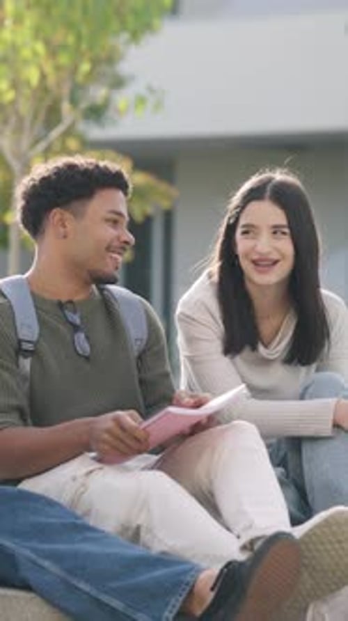 Diverse Students Talking and Studying Together on Campus Vertical